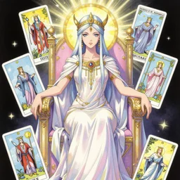 a mystical woman priestess sitting on a throne, the divine feminine, drawn by studio UFOTABLE, psychedelic, fine line work, pastel colors, Tarot cards. The empress tarot card, detailed, anime