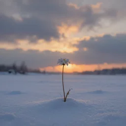 lonely flower in the snow. cloudy winter sunset. atmospheric lighting. highly detailed digital painting by greg rutkowski.