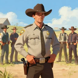 Sheriff's office at wild west portrait of sheriff man standing outside hands on gun belt, sunny day, digital art by Nerdrum John, William Waterhouse, Winslow Homer, Alex Heywood, Jordan Grimmer, Darren Quach, Greg Rutkowski, Simon Stalenhag, trending on Artstation, CGSociety