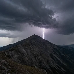 a 8K national geographic photograph of a mountain in a thunderstorm