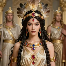 portrait of jada fire as a beautiful greek woman +diadem with facemask and feather crest+ long hairs and complex hairdressing+antique greek tunique+symmetric face, symmetric body+gold jewels, collar, earings, rubis, sapphire, topaz,citrite+gods of olympe+ in the style of saint seiya + by Joongwon Jeong and Kei Mieno, artsation, unreal engine render, octane render
