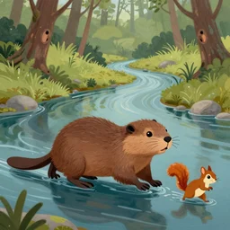a painting of a beaver and a squirrel walking across a river, a storybook illustration by atey ghailan, artstation contest winner, fantasy art, storybook illustration, 2 d game art, concept art