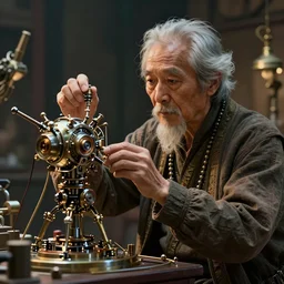 an intricate concept art of an old asian man testing his mechanical technology invention, artstation, cgsociety, photo - realistic, style of ivan talavera and artgerm, octane render