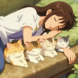 final fantsy Four kittens lined up to sleep on the arm of a sleeping girl