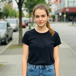 iPhone portrait of an 20-something Canadian dressed in, light brown hair, green eyes, wearing a vintage black tshirt and jeans, pony tail, girl next door innocent look, on a sidewalk of Vancouver