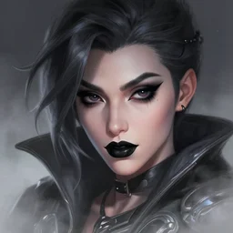 digital drawing of tracer from overwatch in a goth style, wearing black lipstick and black eyeliner, 4 k, artstation, beautiful artwork, volumetric lighting, extremely detailed, focus on face, fog,
