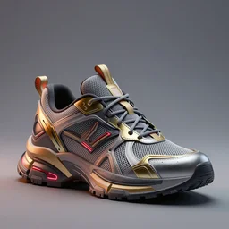 realistic 3 d render of a cyberpunk android sneaker, beautiful studio lighting, soft, sharp focus, neon cyberpunk highlights, intricate detail, gold and red accents, soft rubber, octane render, side view, close up, trending on artstation, deviantart, issey miyake, lloyd wright, feng zhu