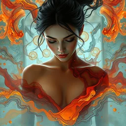 a beautiful woman surounded a hiper detailed inkdrop in water, intricate detailed color oilpaint, 3 d render, hyper realistic intricate acrilic fluid art, elegant, intense colors, ruan jia, wlop. scifi, fantasy, insanely detailed, wide shot, octane render, concept art, by peter mohrbacher, by alphonse mucha, by wlop, by ruan