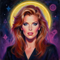portrait of olivia newton - john by mandy jurgens, cartoon, oil painting, visionary art, magic symbols, holy halo, neon ambient lighting, high detail, dark vibrant color