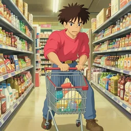 Genos from One Punch Man pushing a shopping cart in a Japanese grocery store by Studio Ghibli! Hiyao Miyazaki