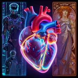 medical heart! tron legacy lines, anatomy, microdot pixels, neon glowing, substance painter, medical heart!, tron lines, cybertron, artstation, by greg rutkowski, halo, vaporwave, matrix, by tsutomu nihei, anatomic heart! by artgerm, gurney, alphonse mucha, cgsociety
