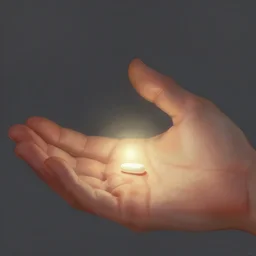 photo still of a hand holding a small glowing pill, painting, detailed, illustration digital drawing, smooth, sharp focus, unreal engine, realistic lightning. artist artgerm
