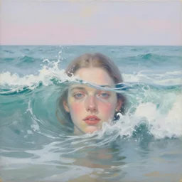 woman's face emerging from the ocean, rough seas, splashing water waves, submerged, pastel color palette, painting by alyssa monks and scott listfield