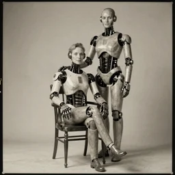 a beautiful ultradetailed fine art old vintage photo of a cyborg sitting on a chair and partner cyborg standing, by tom bagshaw, human and robot couple, couple portrait, vignette, 35mm lens, golden ratio composition, studio photography, very detailed, artstation, 8k, highly coherent
