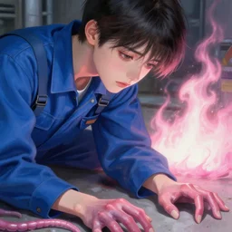 fashion model in a blue factory worker's overalls face looking down at the floor eyes sad tentacles instead of hands, the light pink glow of fire in the background, soft light, smooth face feature, intricate oil painting, high detail illustration, sharp high detail, manga and anime 1 9 9 9