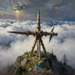 shy mountain summit taking a peek through the clouds, fog, with curious eyes. old wooden antigravitational archaic spindle fork. iridescence glowing. painting by yves tanguy, leon spillaert, rene magritte, max ernst, monet