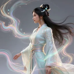 side profile, maya ali, wind sorcerer, dota 2, intricate robes, elegant, highly detailed, concept art, smooth, sharp focus, luminescent, colorful swirly magic ripples, pastel colors, by huang guangjian, sachin teng, greg rutkowski, jesper ejsing, ilya kuvshinov, artgerm, mucha