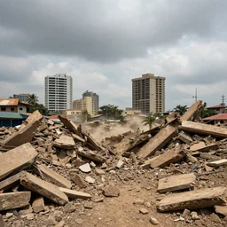 ultra wide shot matte painting of lagos nigeria after an earthquake