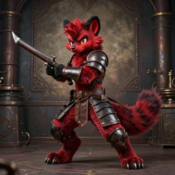 a dashing weasel bandit furry red - and - black fursona animal character { with tail }, leather armor, has just noticed you, mid - action pose on a painted elaborate industrial background by peder balke, ue 5, flintlock and dagger, dark industrial fantasy, this fursona has [ a tail! ]