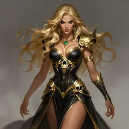 a highly detailed illustration of fierce blonde tanned goddess wearing black and gold skull dress, powerful serious pose, intricate, elegant, highly detailed, centered, digital painting, artstation, concept art, smooth, sharp focus, league of legends concept art, wlop