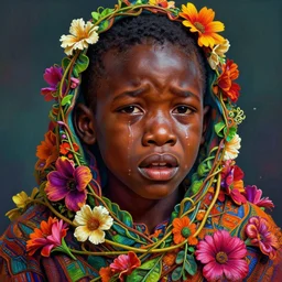 colourful vfx art - portrait of crying nigerian boy wrapped in flowers & vines, art by hsiao - ron cheng & james jean, volumetric light, ray tracing, sharp, detailed, digital painting, illustration, highly detailed, intricate detail, unreal engine, octane render, pinterest, behance, art station,