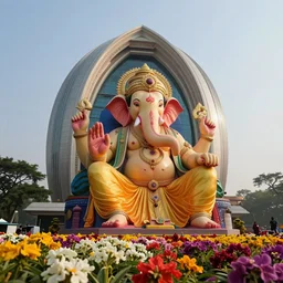 magnificent futuristic new delhi, sharp biophilic ganesha!! building, kalighat flowers, highly detailed, stephen shore & john j. park, cinematic morning light, wide shot, ground angle, uhd 8 k, sharp focus