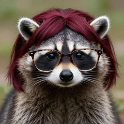 raccoon raccoon raccoon wearing dark red wig and tortoise shell glasses, photo, detailed, 4 k