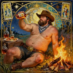 a dramatic, epic, ethereal art deco painting of a !!!handsome!!! thicc chunky beefy mischievous shirtless with a big beer belly wearing a large belt and bandana offering a whiskey bottle | he is a cowboy short beard relaxing by a campfire | background is a late night with food and jugs of whisky | homoerotic, rugged | stars, tarot card, art deco, art nouveau, mosaic, intricate | by Mark Maggiori (((and Alphonse Mucha))) | trending on artstation