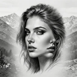 tattoo design sketch of a beautiful woman face with a faded background of beautiful mountain nature on her side, hyper - realistic, double exposure effect, in the style of den yakovlev, amazing detail, black and white, faded