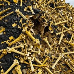bagger 2 8 8 tearing apart a mountain of bones, yellow and black, massive scale, infinite detail, photorealistic, 8 k