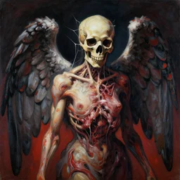 an angel with a skull made of meat and webs for the head, organic painting, dark, bold shapes, by greg rutkowski, by satoshi kon, by caravaggio, trending on artstation, dramatic lighting, horror, angelical