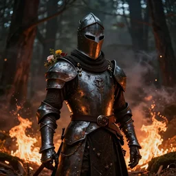 a knight among flowers in dark forest surrounded by fire and smoke, moody, rim light, dynamic lighting, cinematic shot, gritty, ultra - detail, renderman, physically based render, jean delville, gustave dore and marco mazzoni