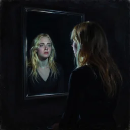 silhouette of a Elle Fanning gazing in a mirror, pitch black room, extremely detailed masterpiece, oil on canvas, low-key neon lighting, realist, artstation, Blade Runner 2049, Roger Deakin’s cinematography, by J. C. Leyendecker and Peter Paul Rubens and Stephen Bauman,