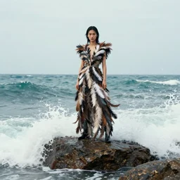 a fashion model standing on a rock near the ocean, waves hitting rock, featured on cg society, environmental art, made of feathers, shot on 7 0 mm, movie still