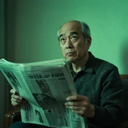 japanese balding man with gray hair, holding a newspaper and looking up at his room with contrastic green lighting scary