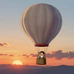 drawing of bob ross in an air balloon, sunset, by studio ghibli