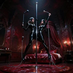 high definition interior photographs tall ceilings, dark red leather dungeon bedroom, blade runner 2 0 4 9, chrome dance pole, latex outfits, whips, floggers, chains, handcuffs king size canopy bed, moody dark cinematic lighting,