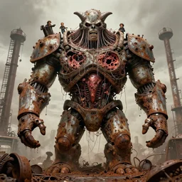 movie still of mojo character, cover art, macerated by age, sentient, dethroned goliath machine, blood turbines, hydrocracking, rusted, macerated, eviscerated by fimbria wires, bicornate fungal pit, by alberto bontempi, shigeru komatsuzaki, wayne d barlowe, alex ross, simon bisley & boris