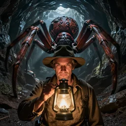 a close - up view of an old - fashioned explorer holding a lamp in front of him in a dark tunnel, with an enormous monstrous spider behind him, dramatic lighting, low angle, wide angle, fantasy art, highly detailed digital art
