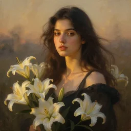 oil painting close up portrait of a young woman with long dark flowing hair in a black dress, surrounded by white lilies!! at sunset, hazy, digital art, chiaroscuro, artstation, cinematic, golden hour, digital art painting by greg rutkowski, william - adolphe bouguereau, hazy atmosphere, cinematic lighting