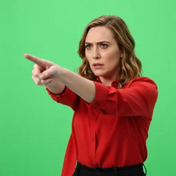 Elizabeth olsen,red shirt, angry and pointing,acting, green screen studio