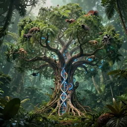 the mystical tree of life in the middle of the amazon rainforest, made of electricity and dna, massive, with branches evolving into many different animals, hyper realistic, hyper detailed, octane render, dramatic lighting, 5 0 mm