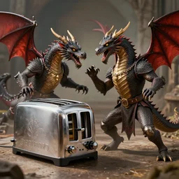 medieval toaster fighting a dragon