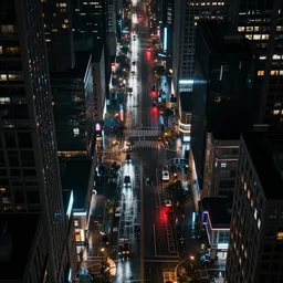 a city street at night, raining, photograph, cyberpunk, sharp focus, intricate detail, Desolate, drone shot, high resolution,