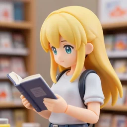 profile portrait of happy a blonde nendoroid anime girl reading a book, nicoletta ceccoli, mark ryden, lostfish, max fleischer, depth of field, detailed store environment, 8 k resolution, hyperrealistic, octane render