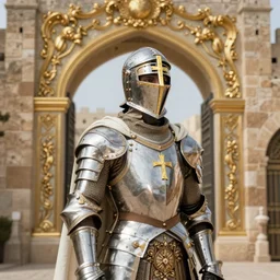 man looking forward in decorated with gold baroque style christian crusader armor, cylindrical helmet covering all his head decorated with golden cross on front it's front and white cape covering most of his body standing at the gates of jerusalem drawn by greg rutkowski realistic high detail