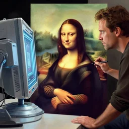 beautiful concept art comic book drawing of supercomputer painting the mona lisa by randy vargas and simon bisley