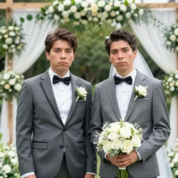 two deformed weirdo brothers dressed for a wedding. Photograph.
