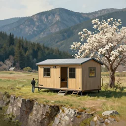 cabela's outdoors popup micro - compact modular home, quick assembly, utilitarian, glamping, person in foreground, cliffside mountainous forested wilderness open fields, beautiful views, painterly advertising concept art, joanna gaines, farmhouse, magnolia, architectural impression art painting by craig mullins