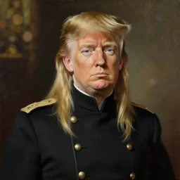 baroque oil painting donald trump ln illustration concept art lotr anime key visual portrait long flowing blonde hair blue eyes symmetrical perfect face fine detail delicate features quiet gaze fitted black military uniform gapmoe kuudere bokeh trending pixiv fanbox by greg rutkowski makoto shinkai takashi takeuchi studio ghibli